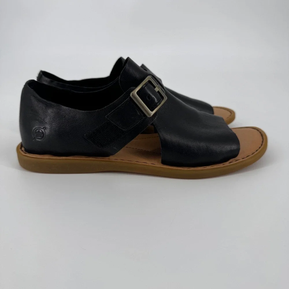 Born Ivey Black Leather Open Toe Flats Buckle Sandals 8M BR0067203
